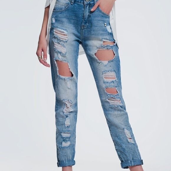 ❤️LOW STOCK! BRAND NEW Q2 Premium Distressed Boyfriend Jeans - Picture 1 of 10